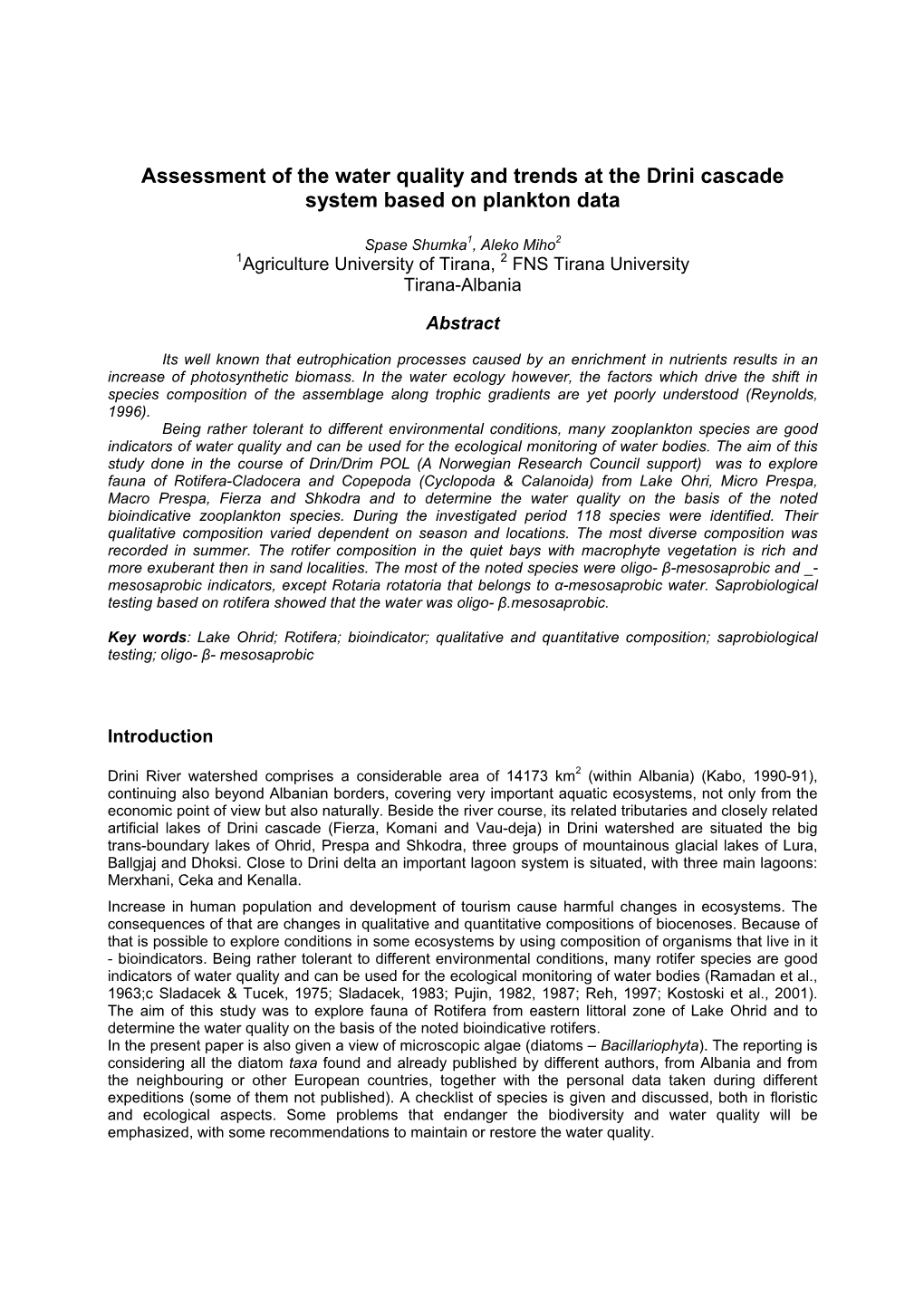 Assessment of the Water Quality and Trends at the Drini Cascade System Based on Plankton Data