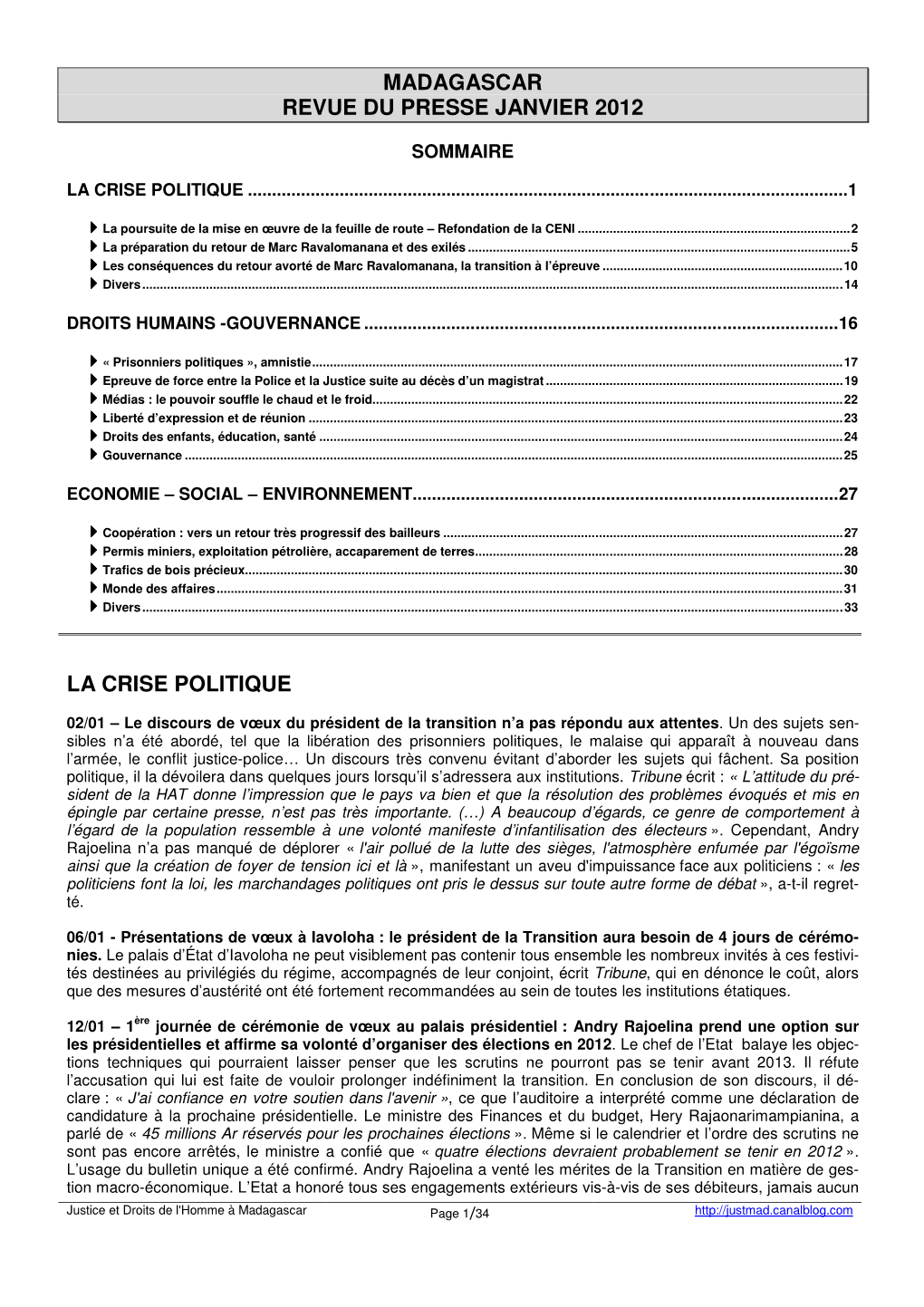 Madagascar Revue Du Presse Janvier 2012