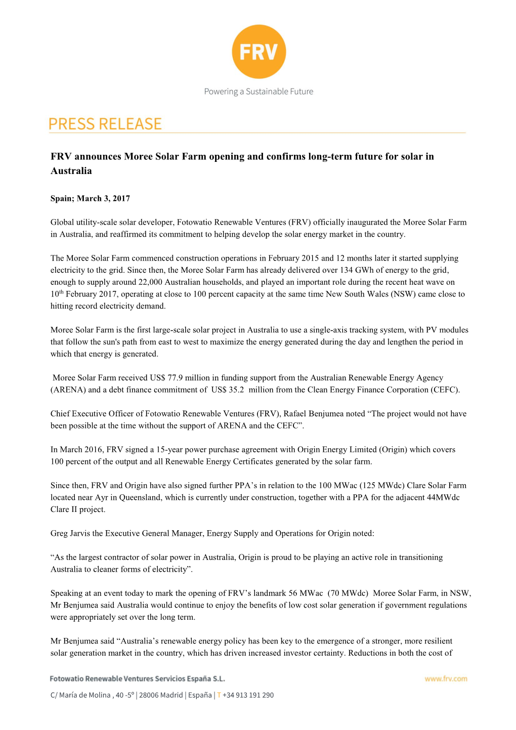 FRV Announces Moree Solar Farm Opening and Confirms Long-Term Future for Solar in Australia