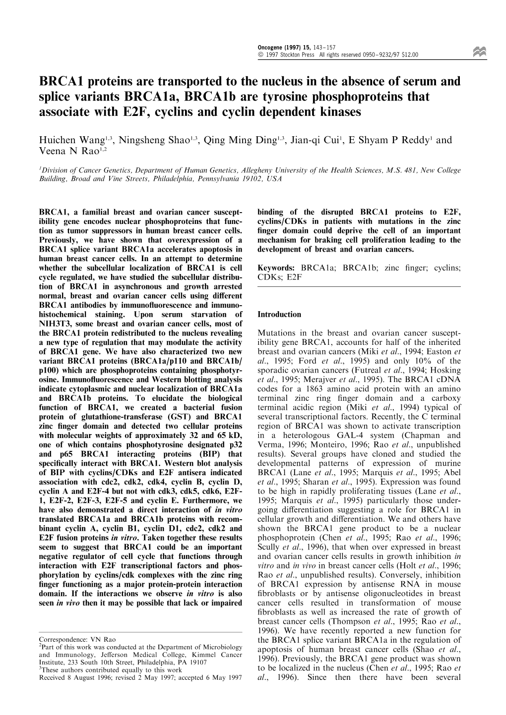 BRCA1 Proteins Are Transported to the Nucleus in the Absence of Serum