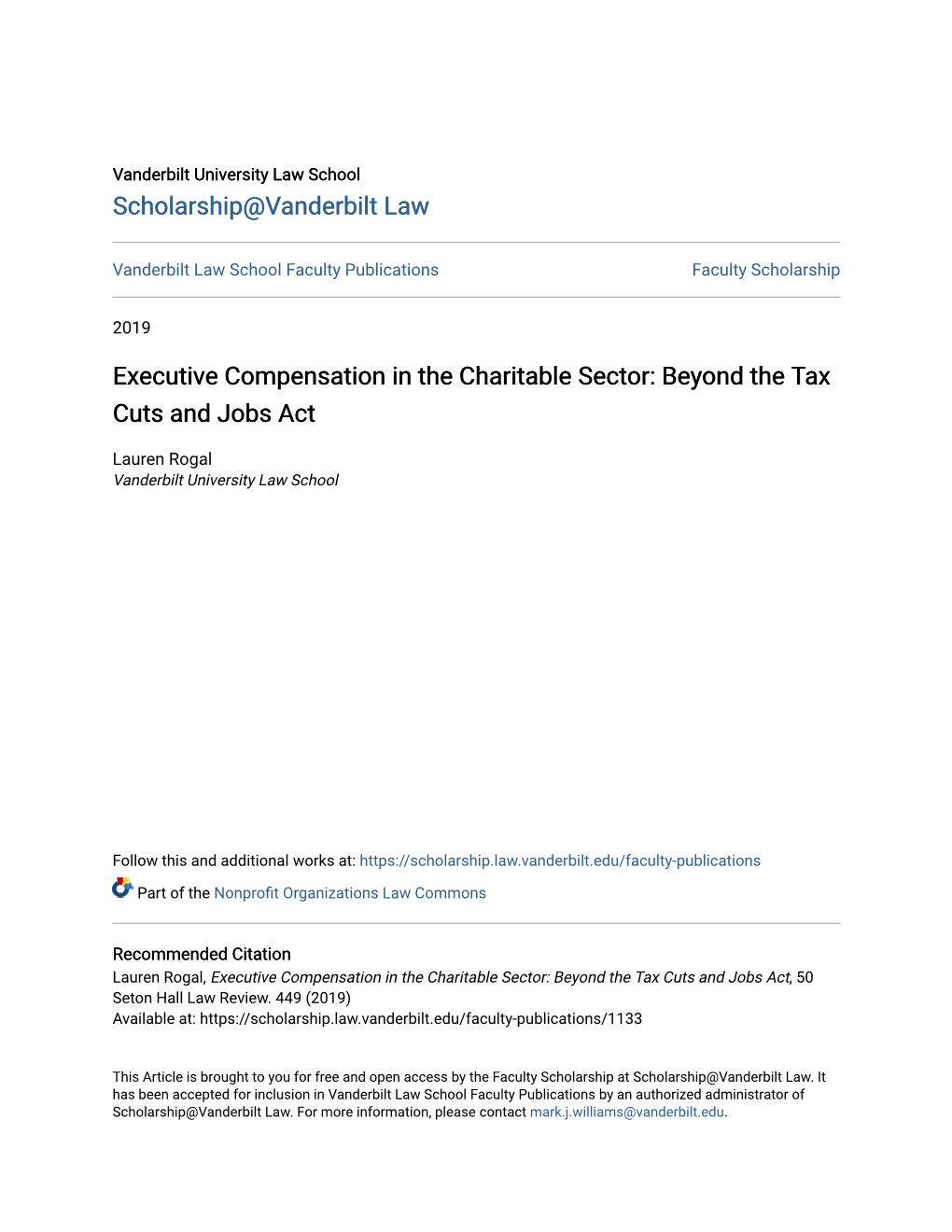 Executive Compensation in the Charitable Sector: Beyond the Tax Cuts and Jobs Act