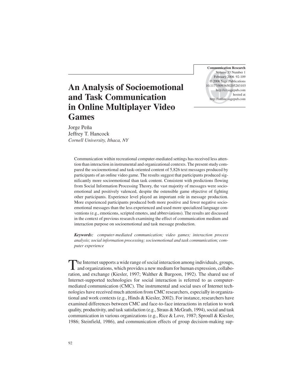 An Analysis of Socioemotional and Task Communication in Online