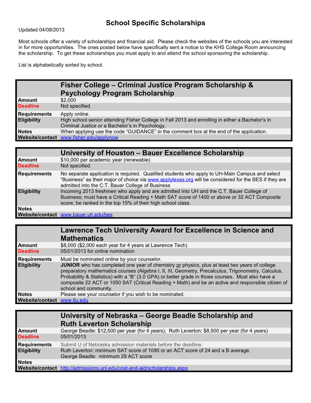 School Specific Scholarships