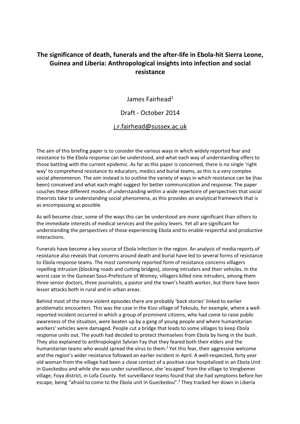 The Significance of Death, Funerals and the After-Life in Ebola-Hit Sierra Leone, Guinea and Liberia: Anthropological Insights Into Infection and Social Resistance