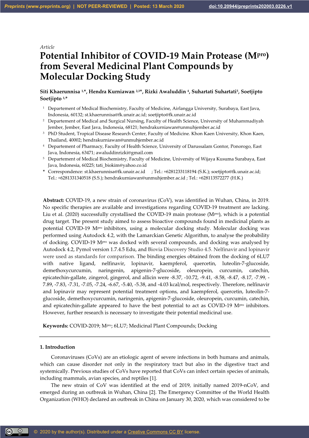 Potential Inhibitor of COVID-19 Main Protease (Mpro) from Several Medicinal Plant Compounds by Molecular Docking Study