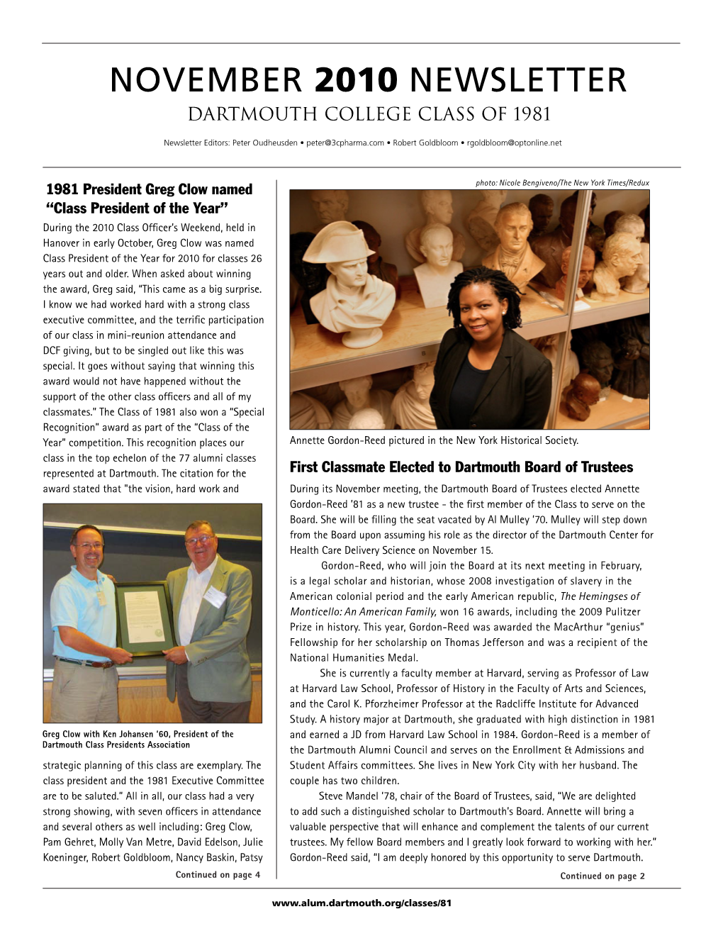 November 2010 Newsletter Dartmouth College Class of 1981