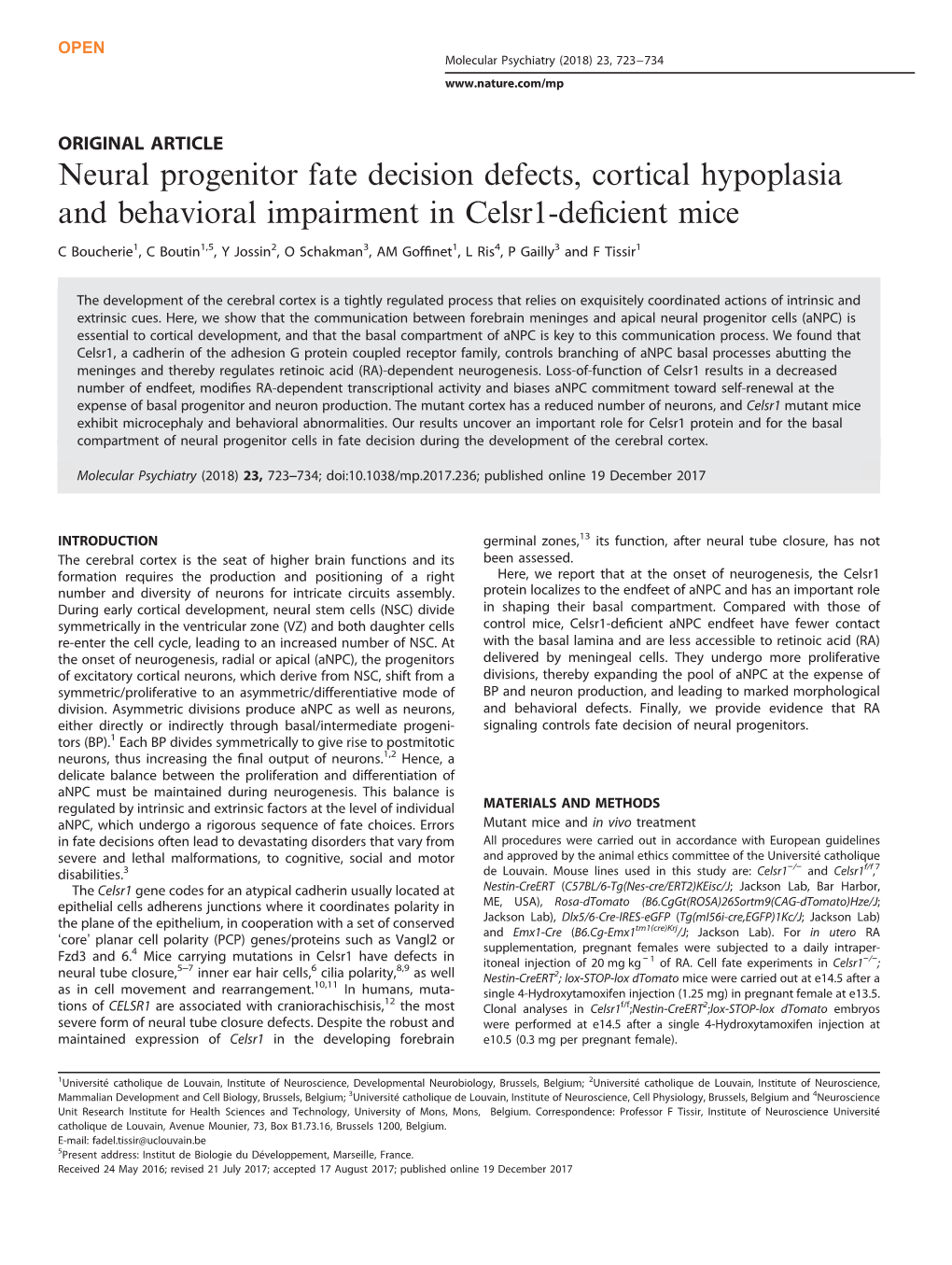 Neural Progenitor Fate Decision Defects, Cortical Hypoplasia and Behavioral Impairment in Celsr1-Deﬁcient Mice