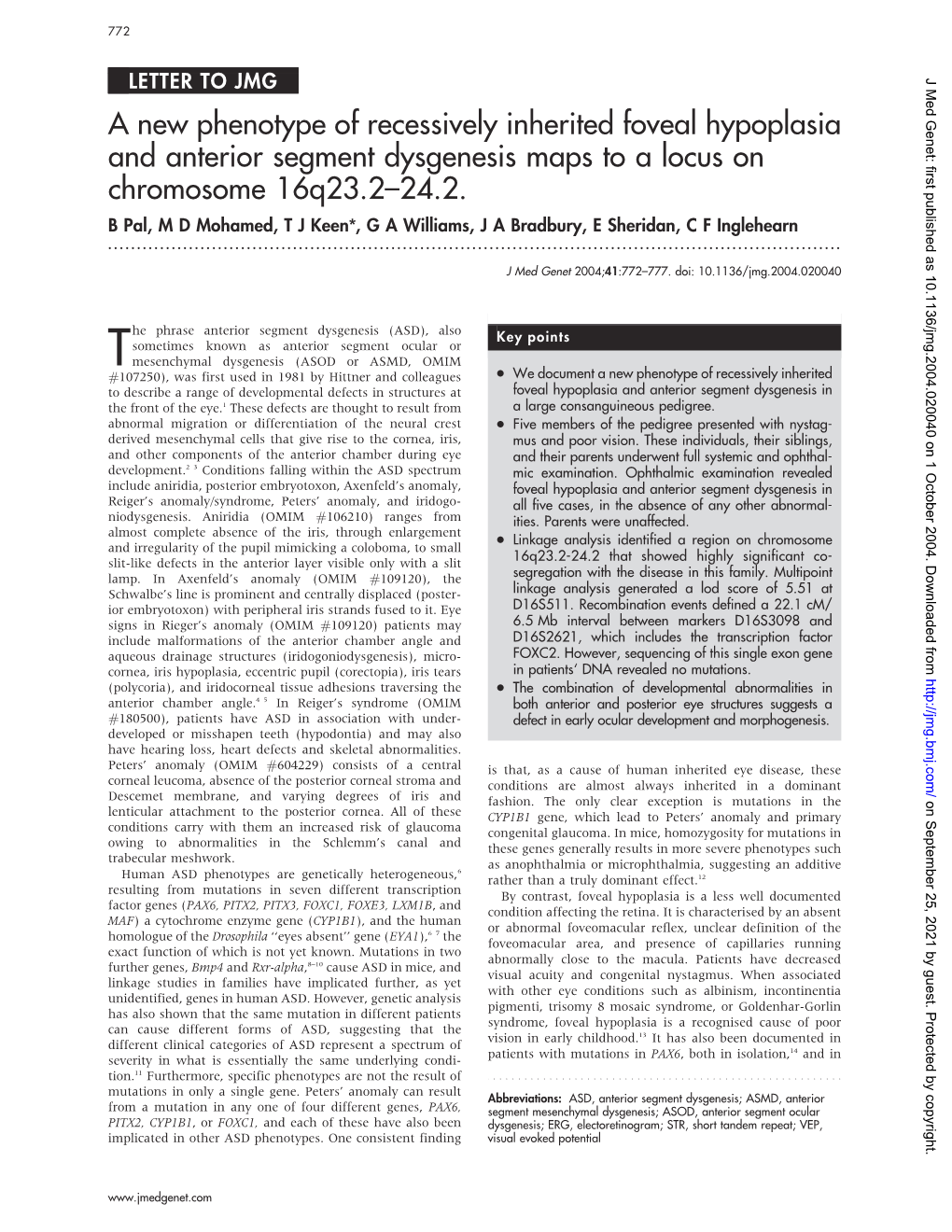 A New Phenotype of Recessively Inherited Foveal Hypoplasia and Anterior Segment Dysgenesis Maps to a Locus on Chromosome 16Q23.2–24.2