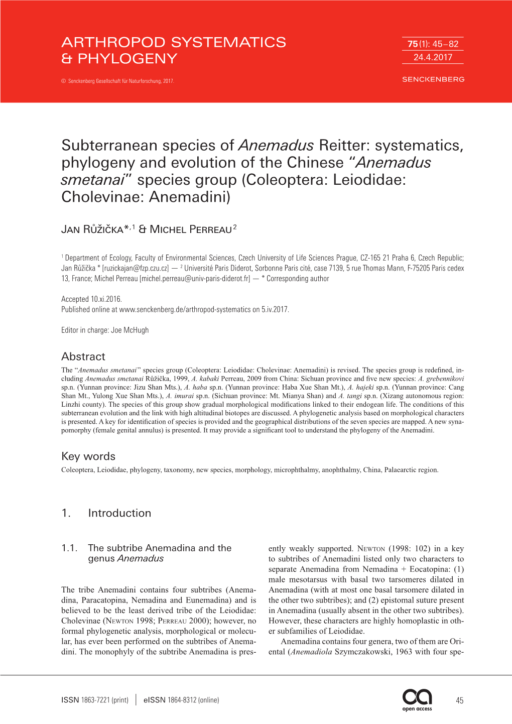 “Anemadus Smetanai” Species Group (Coleoptera: Leiodidae: Cholevinae: Anemadini)