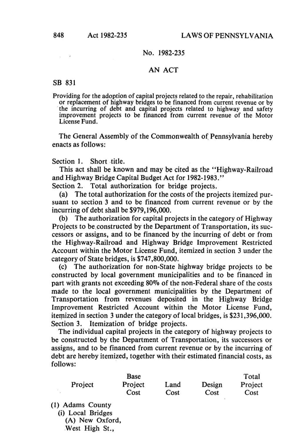 848 Act 1982-235 LAWS of PENNSYLVANIA No. 1982-235 AN