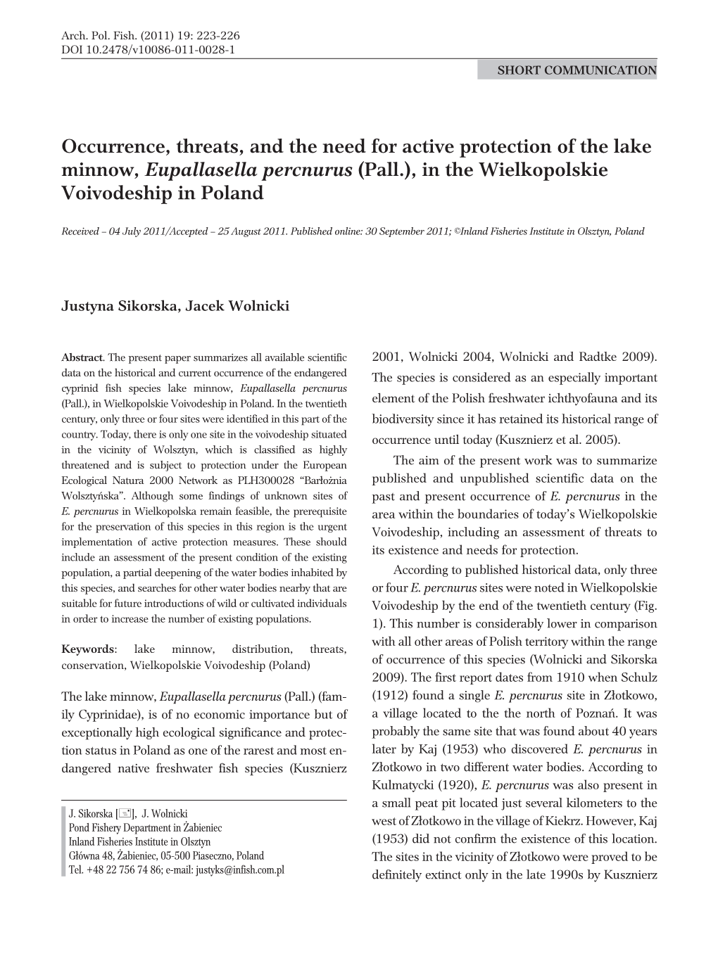 Occurrence, Threats, and the Need for Active Protection of the Lake Minnow, Eupallasella Percnurus (Pall.), in the Wielkopolskie Voivodeship in Poland