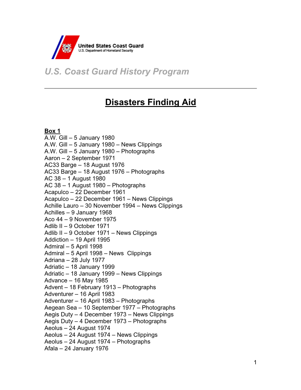 U.S. Coast Guard History Program Disasters Finding