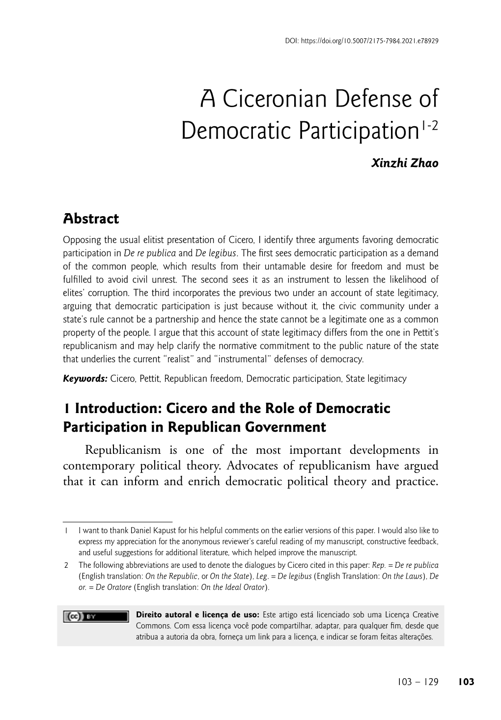 A Ciceronian Defense of Democratic Participation1-2 Xinzhi Zhao