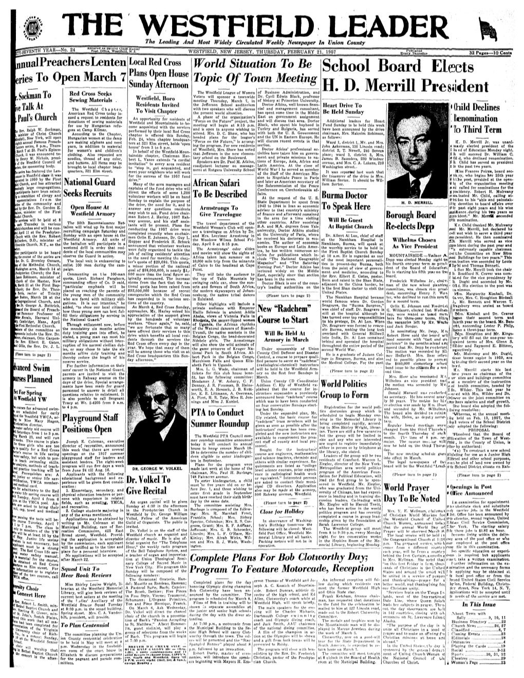 WESTFIELD LEADER the Leading and Most Widely Circulated Weekly Newspaper in Union County Knlureu Us Aeuonu Cluba Altiuer " Post Orflce