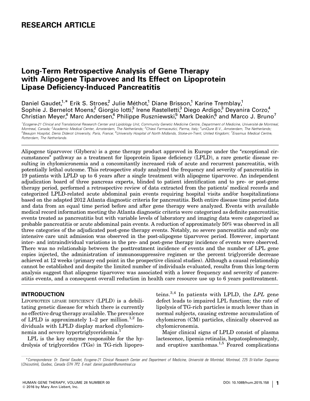 Long-Term Retrospective Analysis of Gene Therapy with Alipogene Tiparvovec and Its Effect on Lipoprotein Lipase Deﬁciency-Induced Pancreatitis