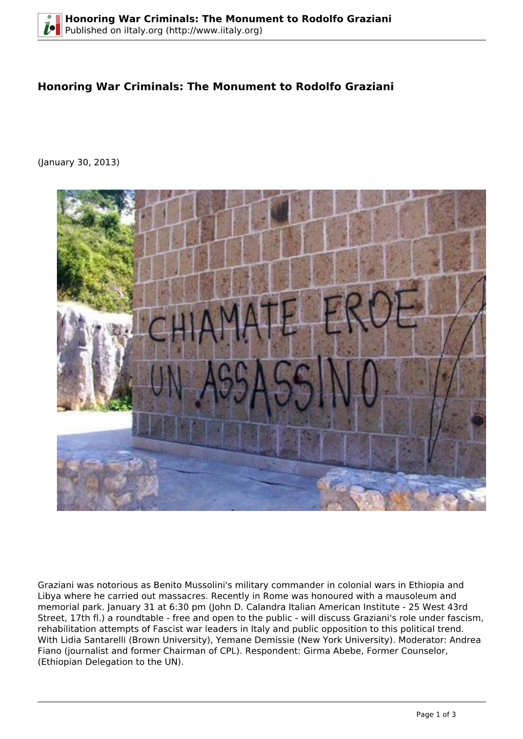 Honoring War Criminals: the Monument to Rodolfo Graziani Published on Iitaly.Org (