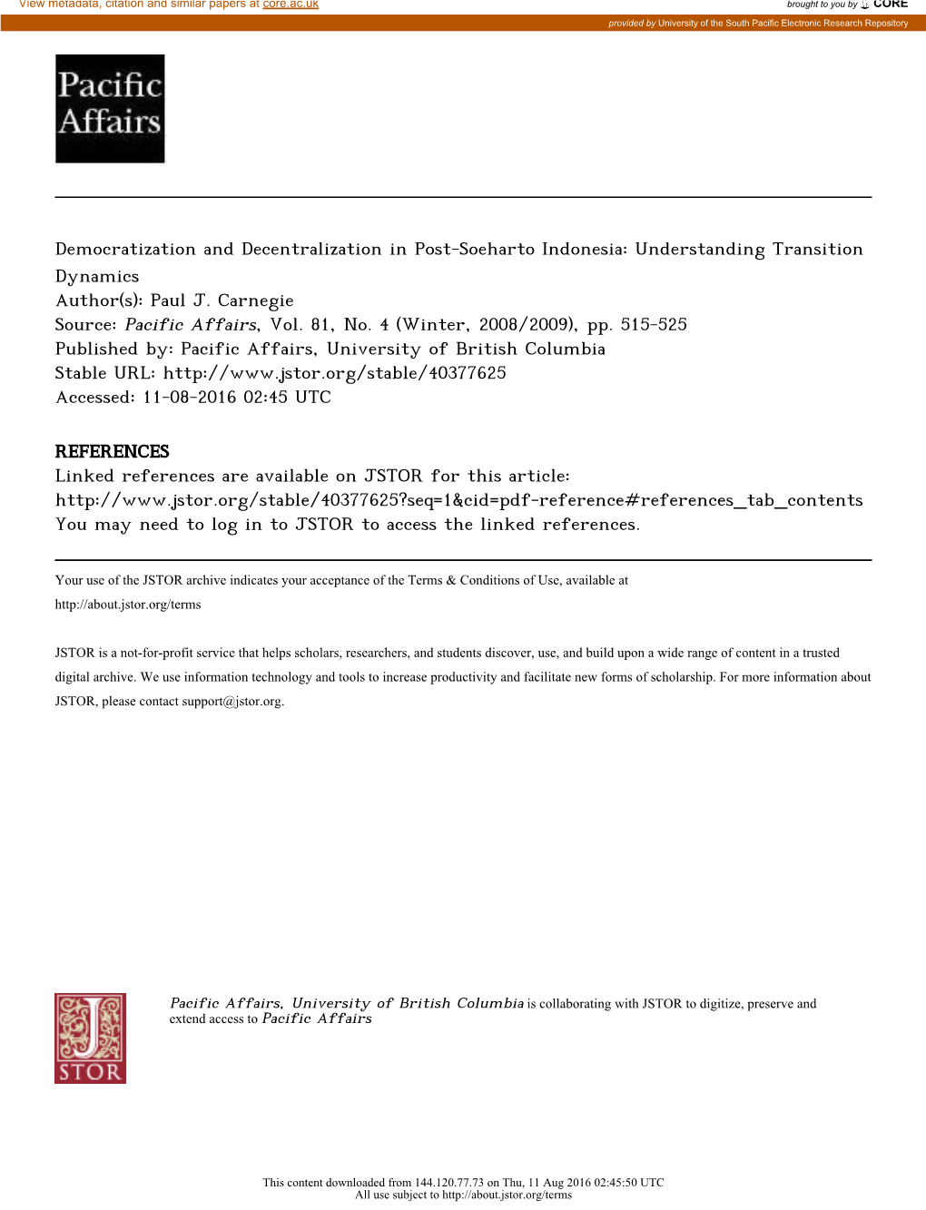 Democratization and Decentralization in Post-Soeharto Indonesia: Understanding Transition Dynamics Author(S): Paul J