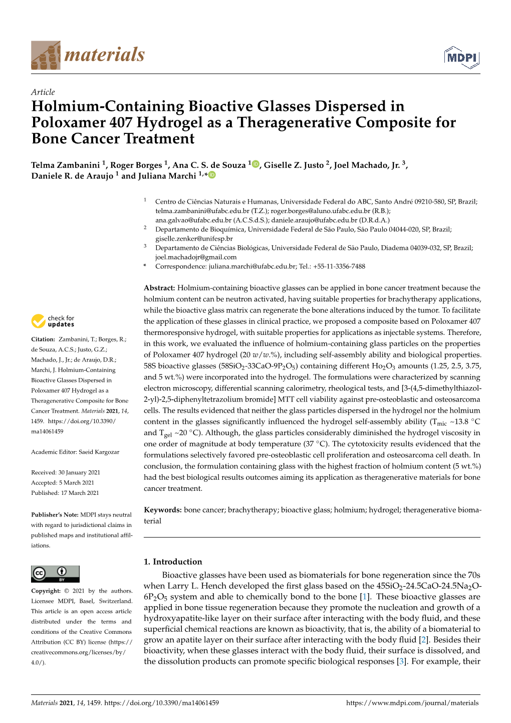 Holmium-Containing Bioactive Glasses Dispersed in Poloxamer 407 Hydrogel As a Theragenerative Composite for Bone Cancer Treatment