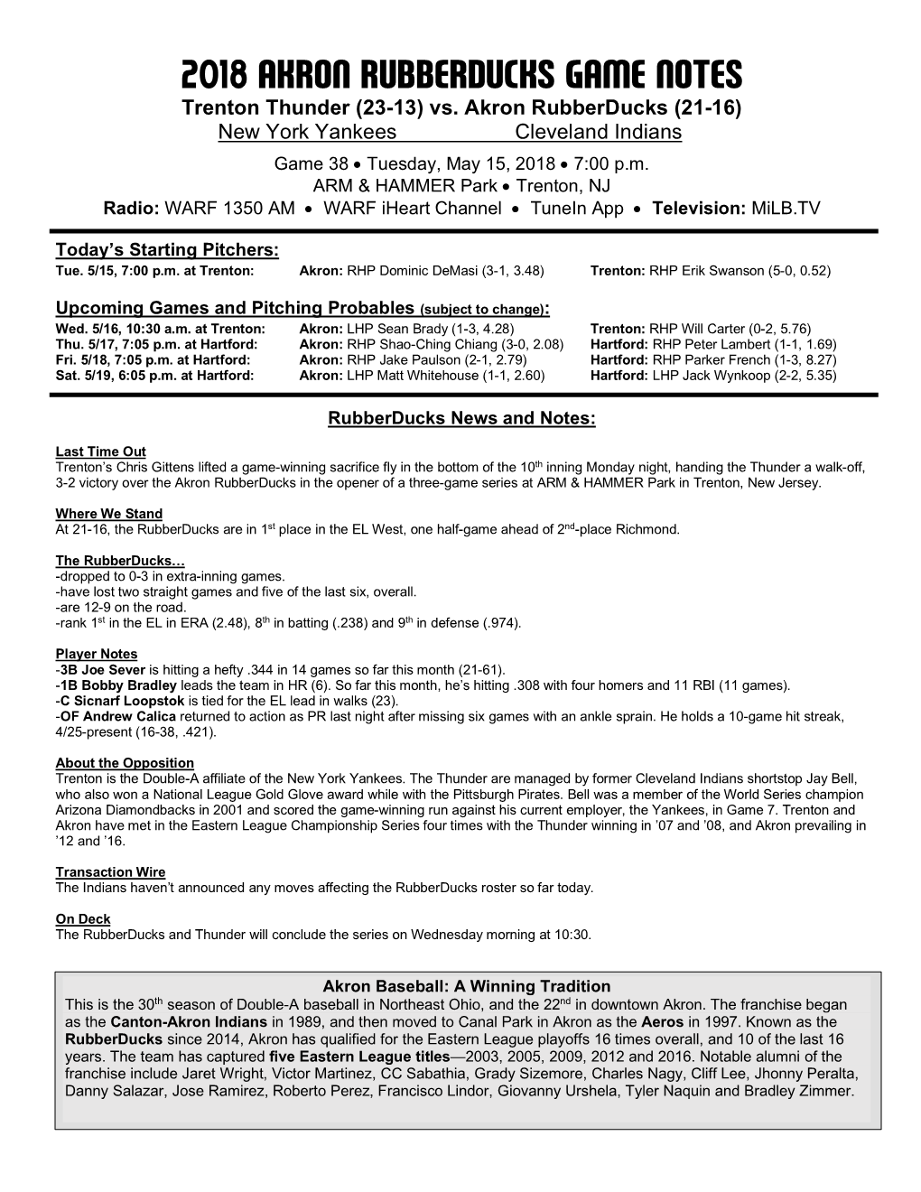 Rubberducks Game Notes 051518