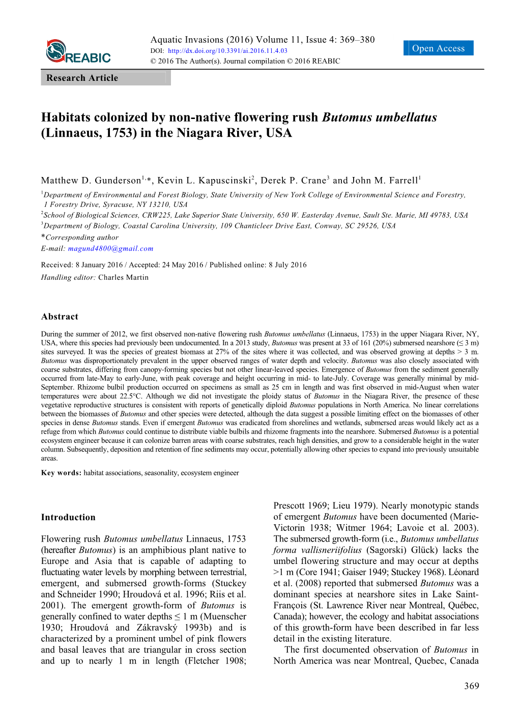 Habitats Colonized by Non-Native Flowering Rush Butomus Umbellatus (Linnaeus, 1753) in the Niagara River, USA