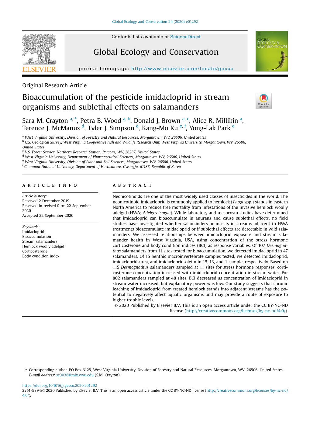 Bioaccumulation of the Pesticide Imidacloprid in Stream Organisms and Sublethal Effects on Salamanders