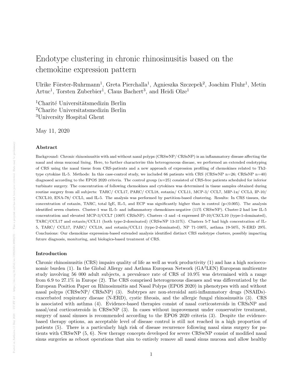 Endotype Clustering in Chronic Rhinosinusitis Based on the Chemokine Expression Pattern