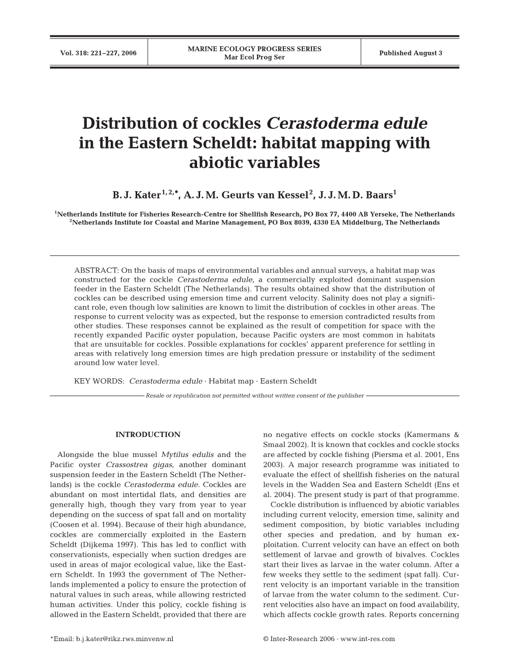 Distribution of Cockles Cerastoderma Edule in the Eastern Scheldt: Habitat Mapping with Abiotic Variables