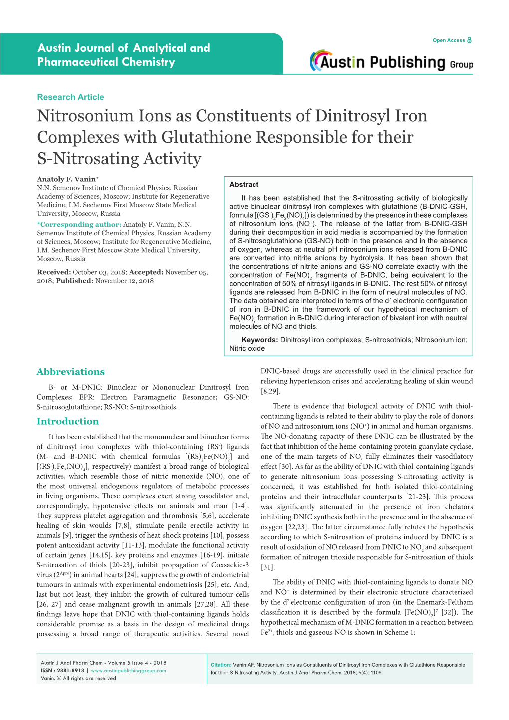 Nitrosonium Ions As Constituents of Dinitrosyl Iron Complexes with Glutathione Responsible for Their S-Nitrosating Activity