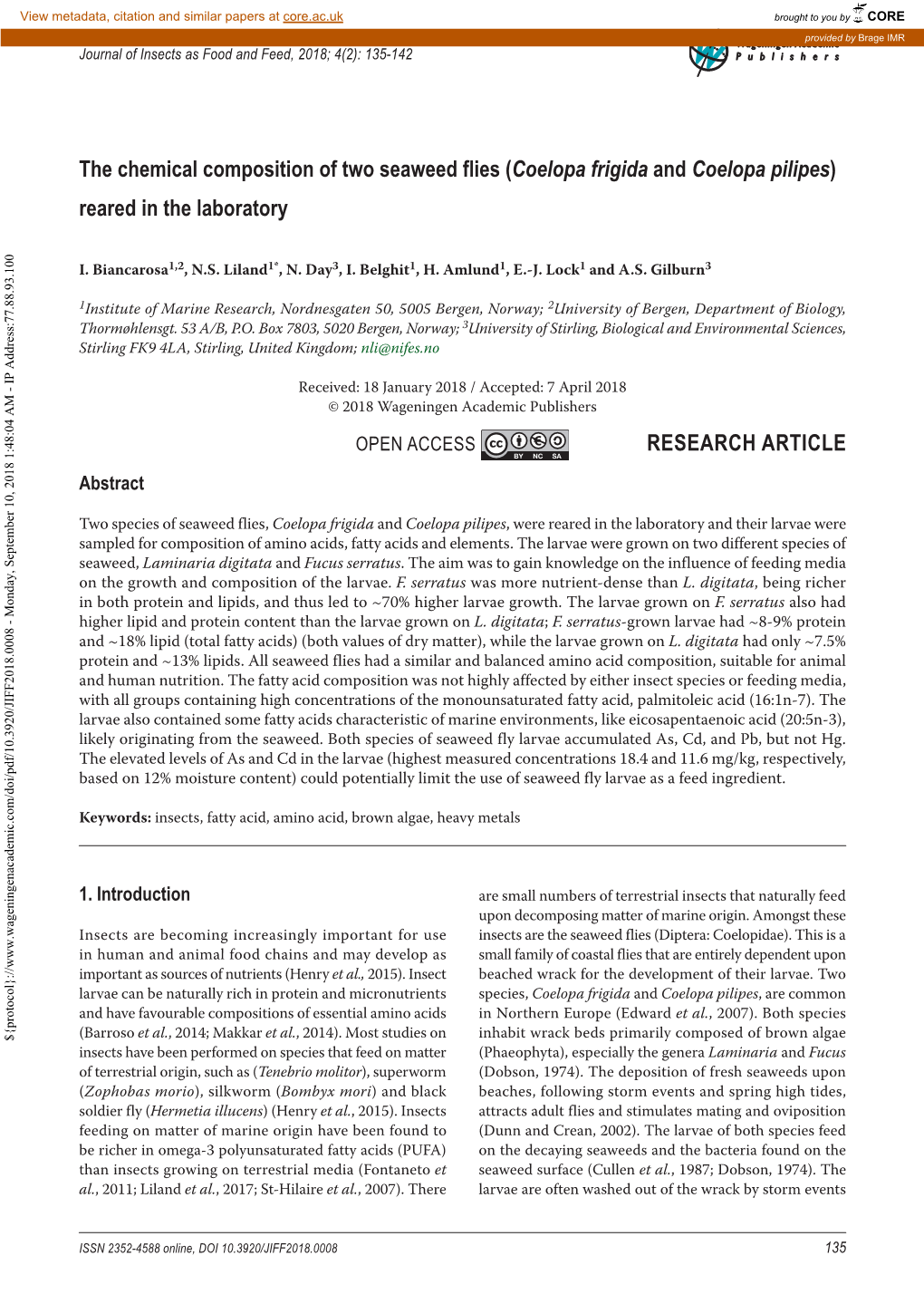 The Chemical Composition of Two Seaweed Flies (Coelopa Frigida and Coelopa Pilipes) Reared in the Laboratory