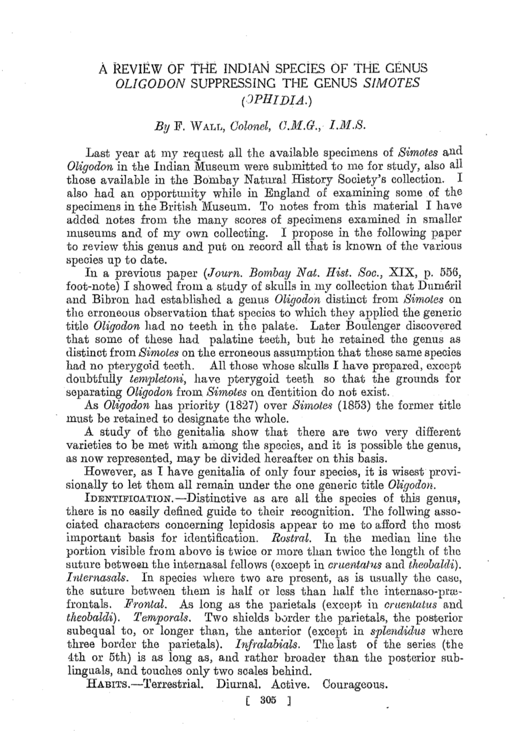 A REVIEW of the INDIAN SPECIES of the GENUS OLIGODON SUPPRESSING the GENUS SIMOTES (JPHIDIA.)