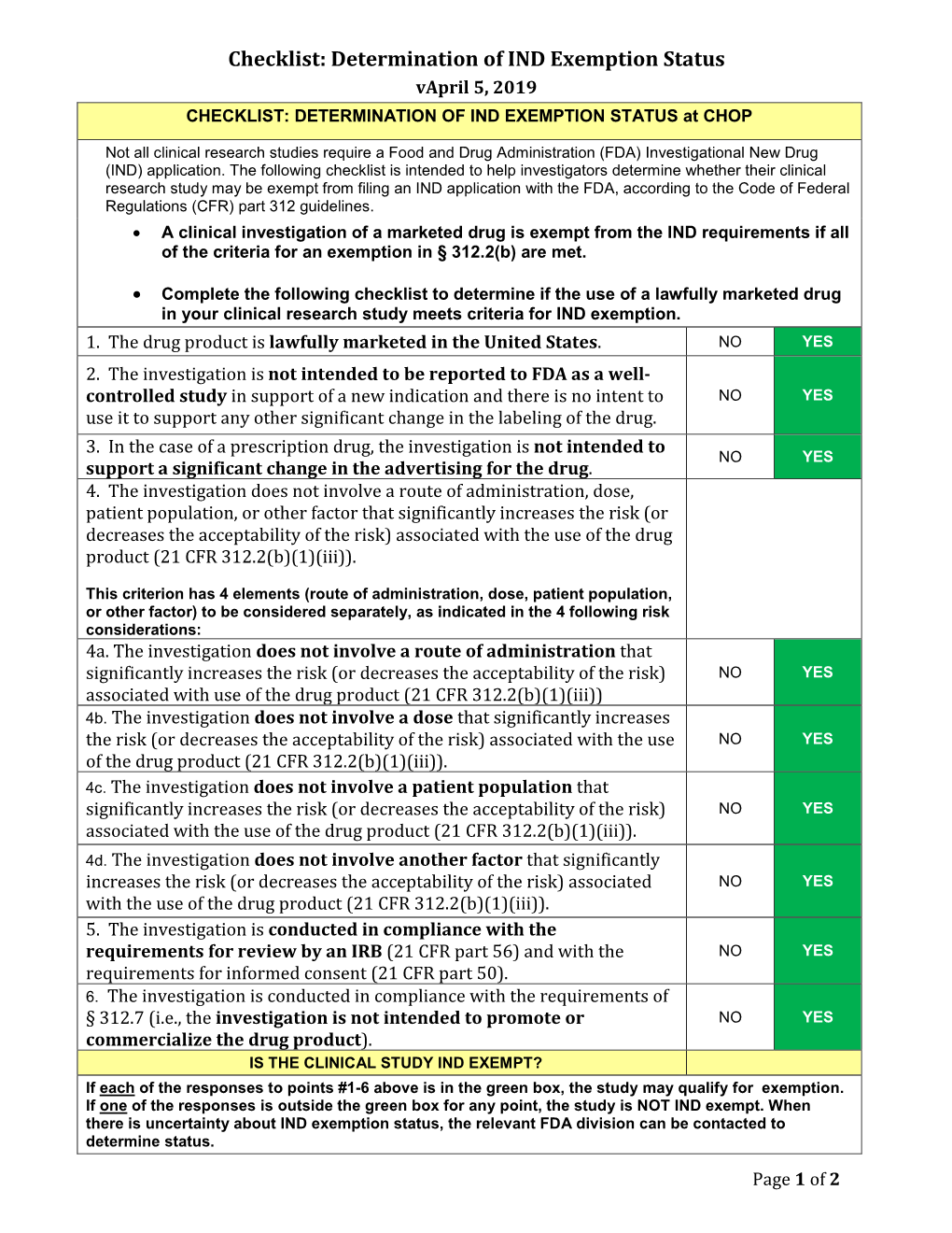 Checklist: Determination of IND Exemption Status Vapril 5, 2019 CHECKLIST: DETERMINATION of IND EXEMPTION STATUS at CHOP