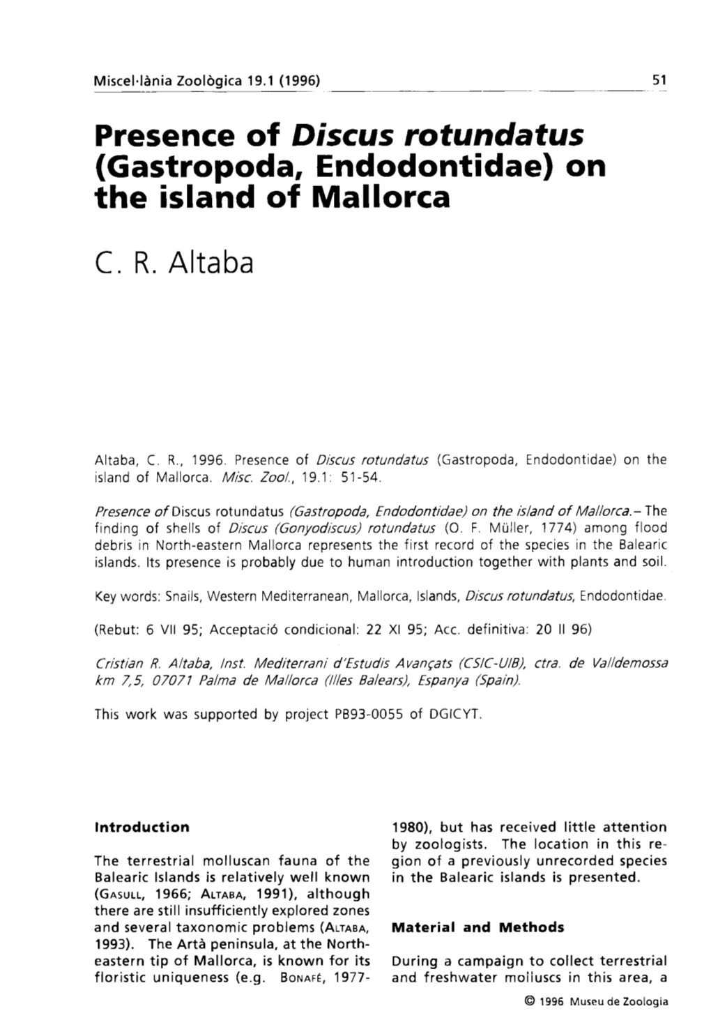 Presence of Discus Rotundatus (Gastropoda, Endodontidae) on the Island of Mallorca