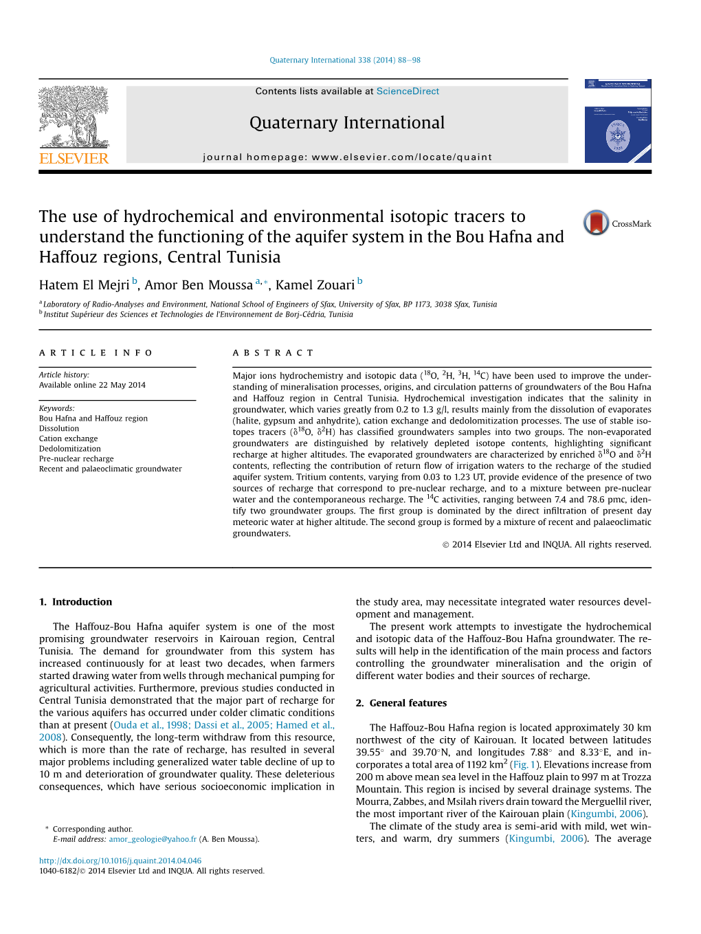 The Use of Hydrochemical and Environmental Isotopic Tracers to Understand the Functioning of the Aquifer System in the Bou Hafna and Haffouz Regions, Central Tunisia