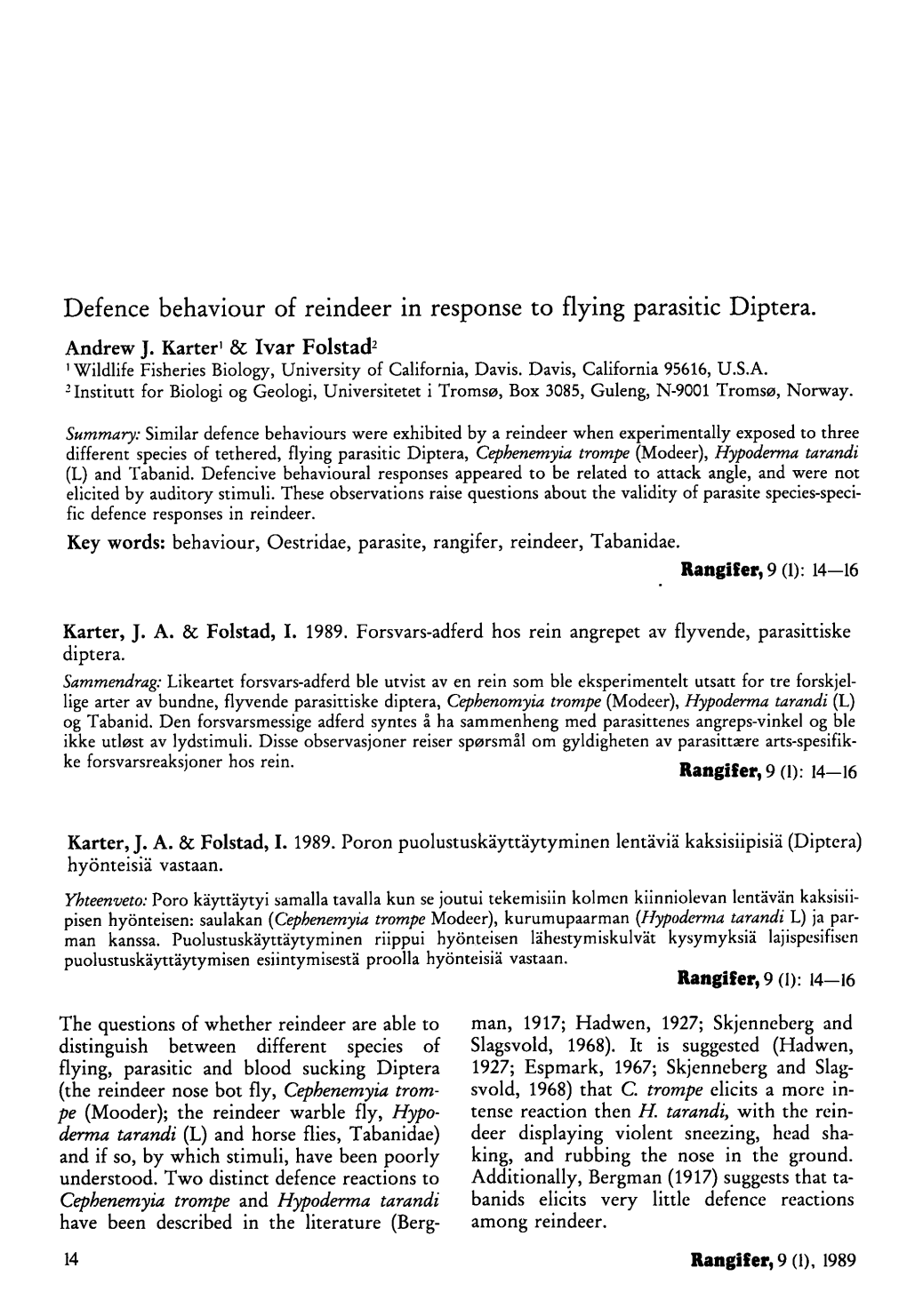 Defence Behaviour of Reindeer in Response to Flying Parasitic Diptera