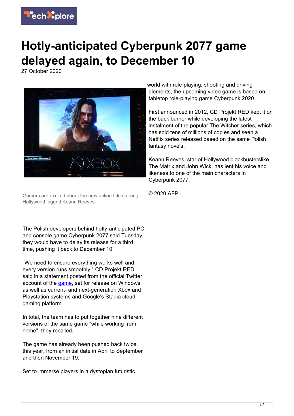 Hotly-Anticipated Cyberpunk 2077 Game Delayed Again, to December 10 27 October 2020
