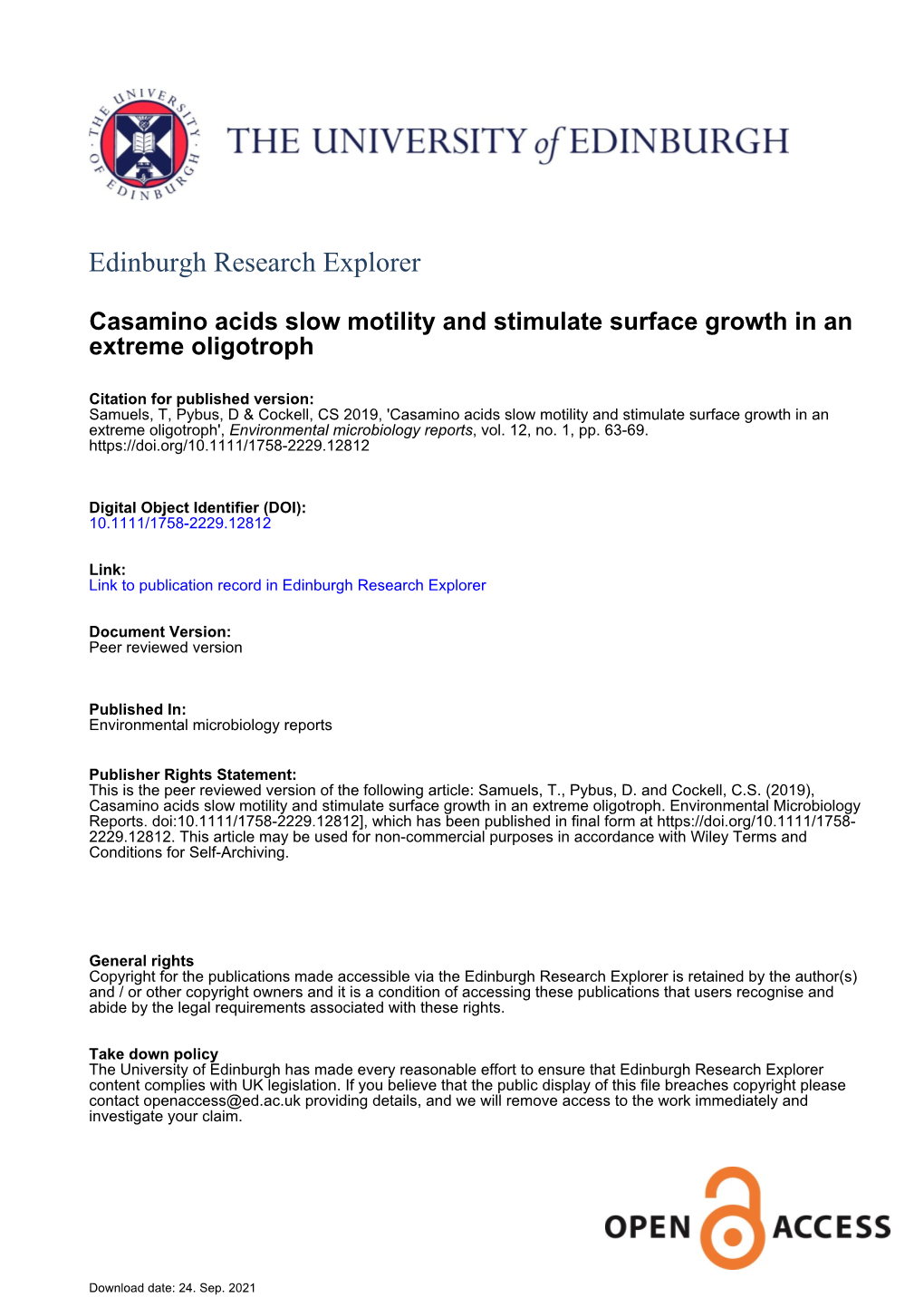 Casamino Acids Slow Motility and Stimulate Surface Growth in an Extreme Oligotroph