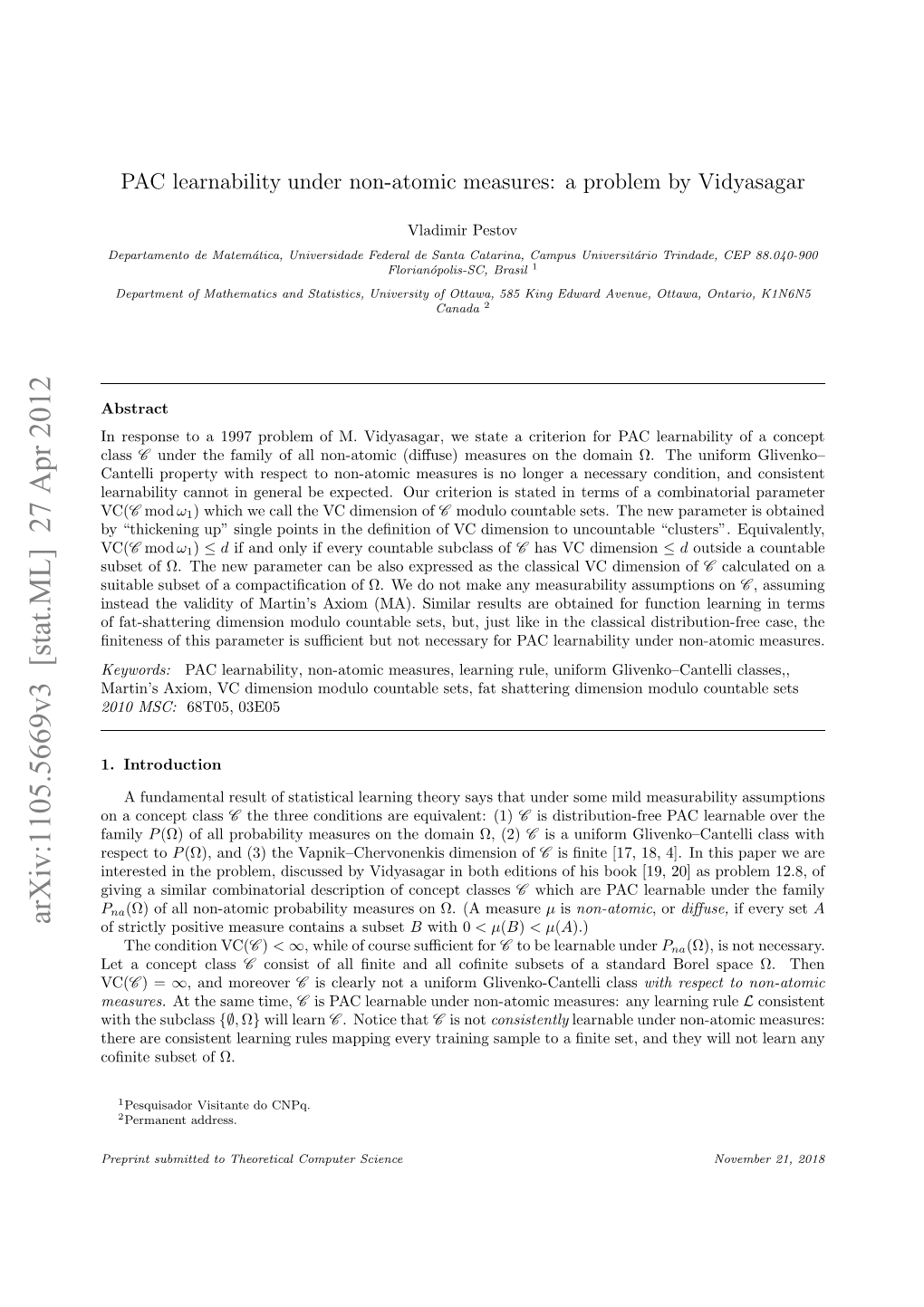 PAC Learnability Under Non-Atomic Measures: a Problem by Vidyasagar