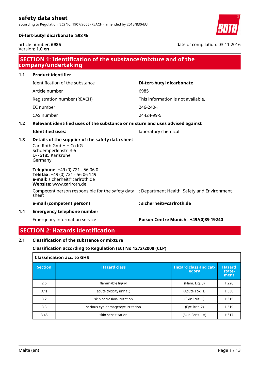 Safety Data Sheet: Di-Tert-Butyl Dicarbonate