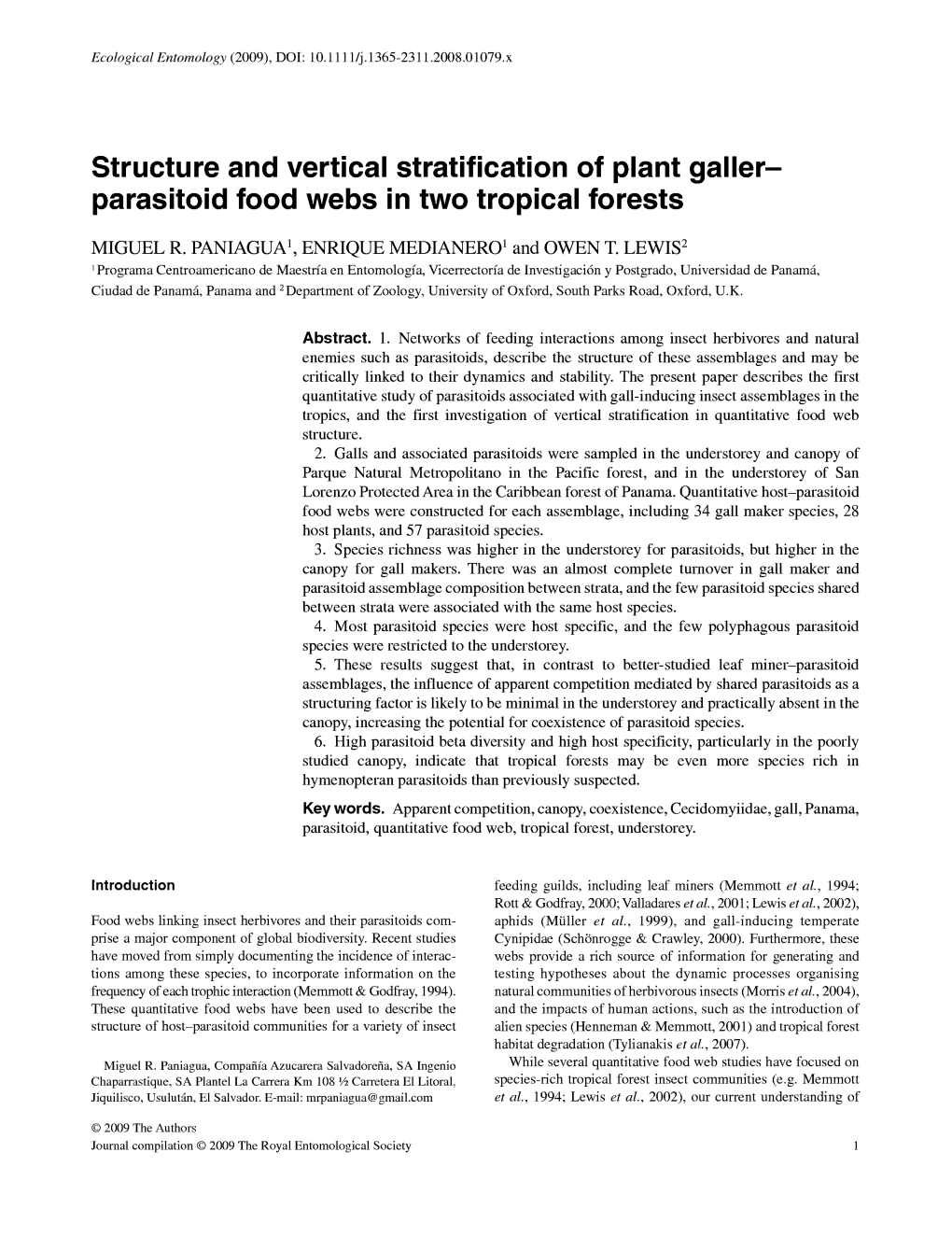 Structure and Vertical Stratification of Plant Galler- Parasitoid Food Webs in Two Tropical Forests