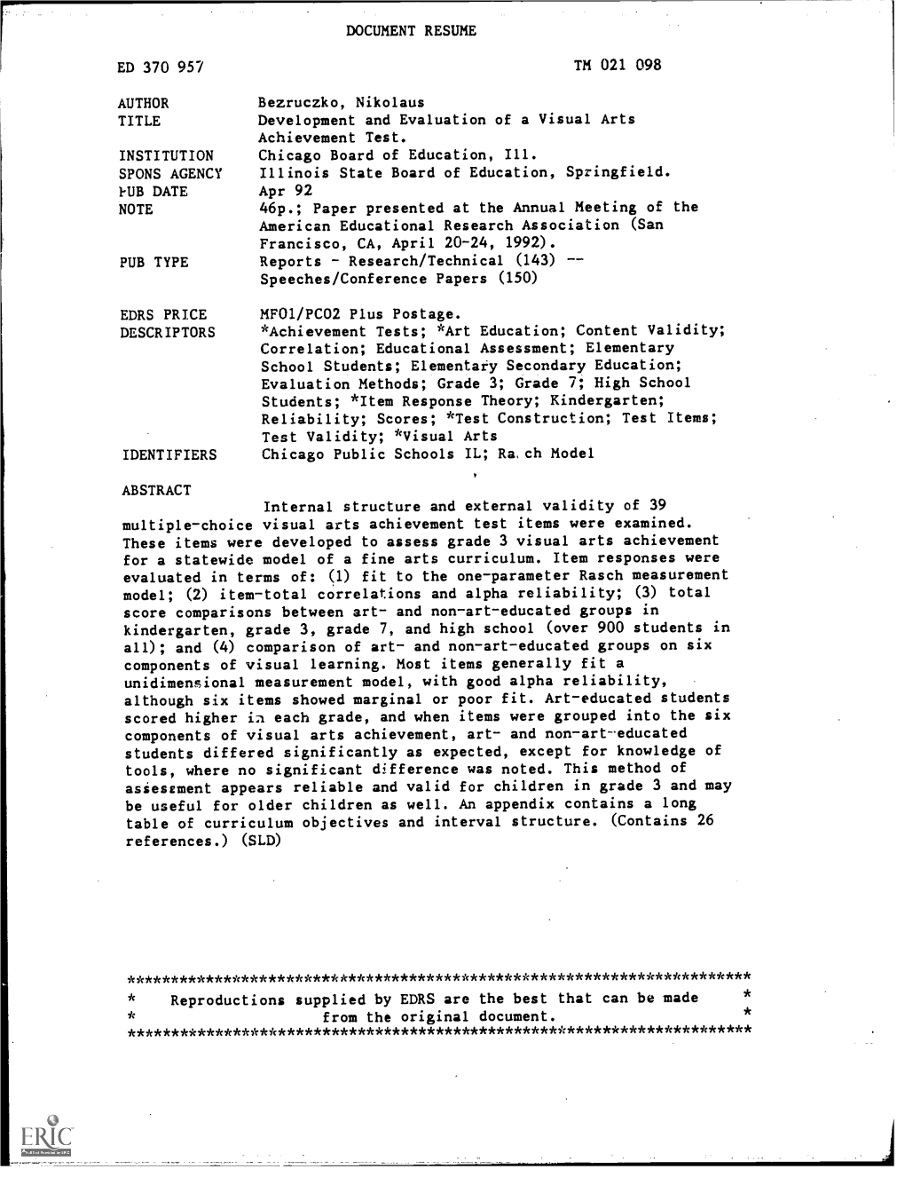 Apr 92 NOTE 46P.; Paper Presented at the Annual Meeting of the American Educational Research Association (San Francisco, CA, April 20-24, 1992)