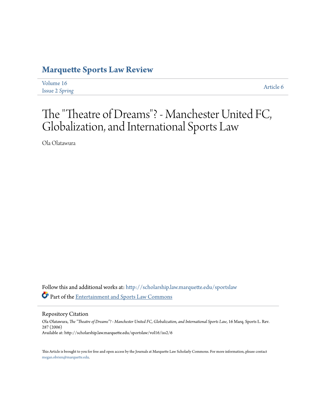 Manchester United FC, Globalization, and International Sports Law Ola Olatawura