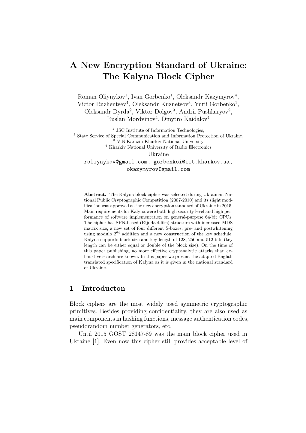 The Kalyna Block Cipher