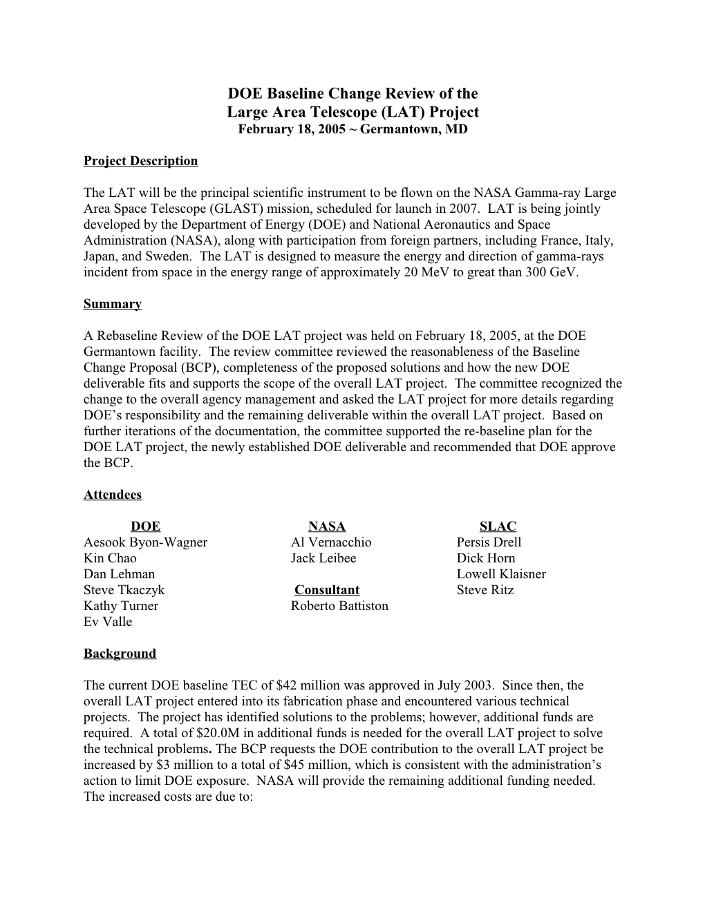 DOE Baseline Change Review of The