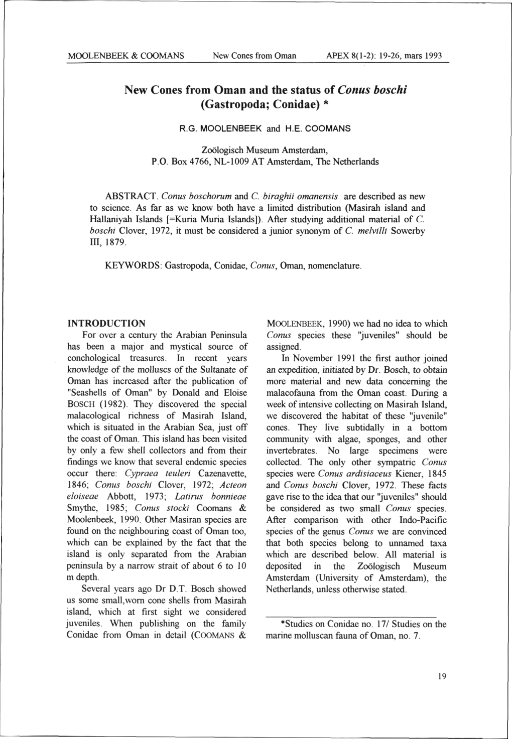 New Cones from Oman and the Status of Conus Boschi (Gastropoda; Conidae) *