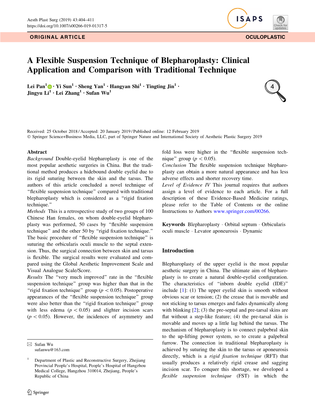 A Flexible Suspension Technique of Blepharoplasty: Clinical Application and Comparison with Traditional Technique