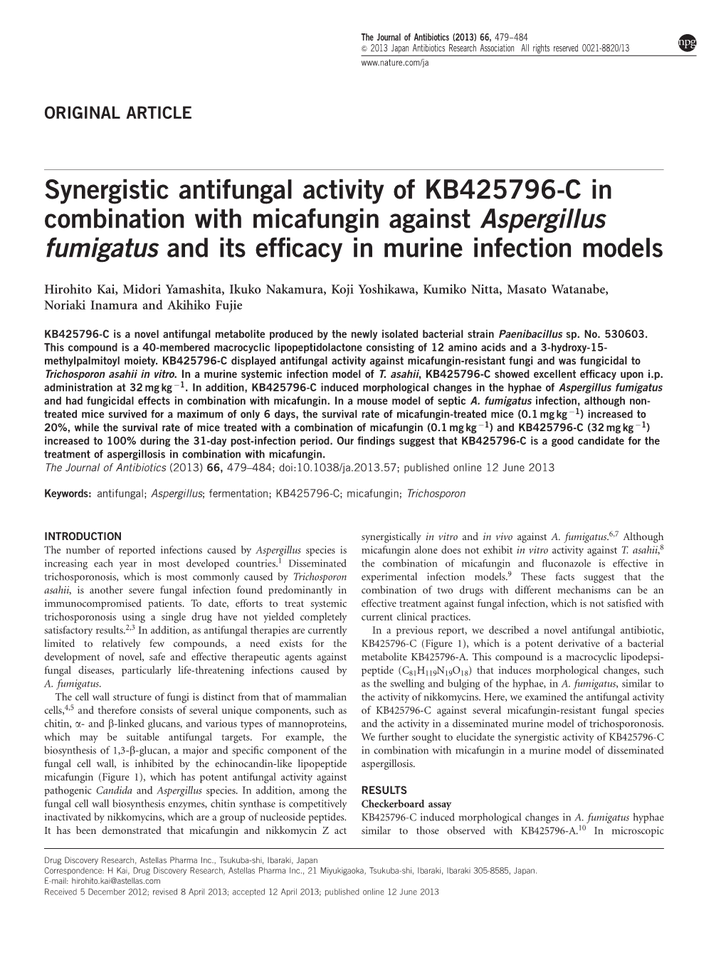 Synergistic Antifungal Activity of KB425796-C in Combination with Micafungin Against Aspergillus Fumigatus and Its Efﬁcacy in Murine Infection Models