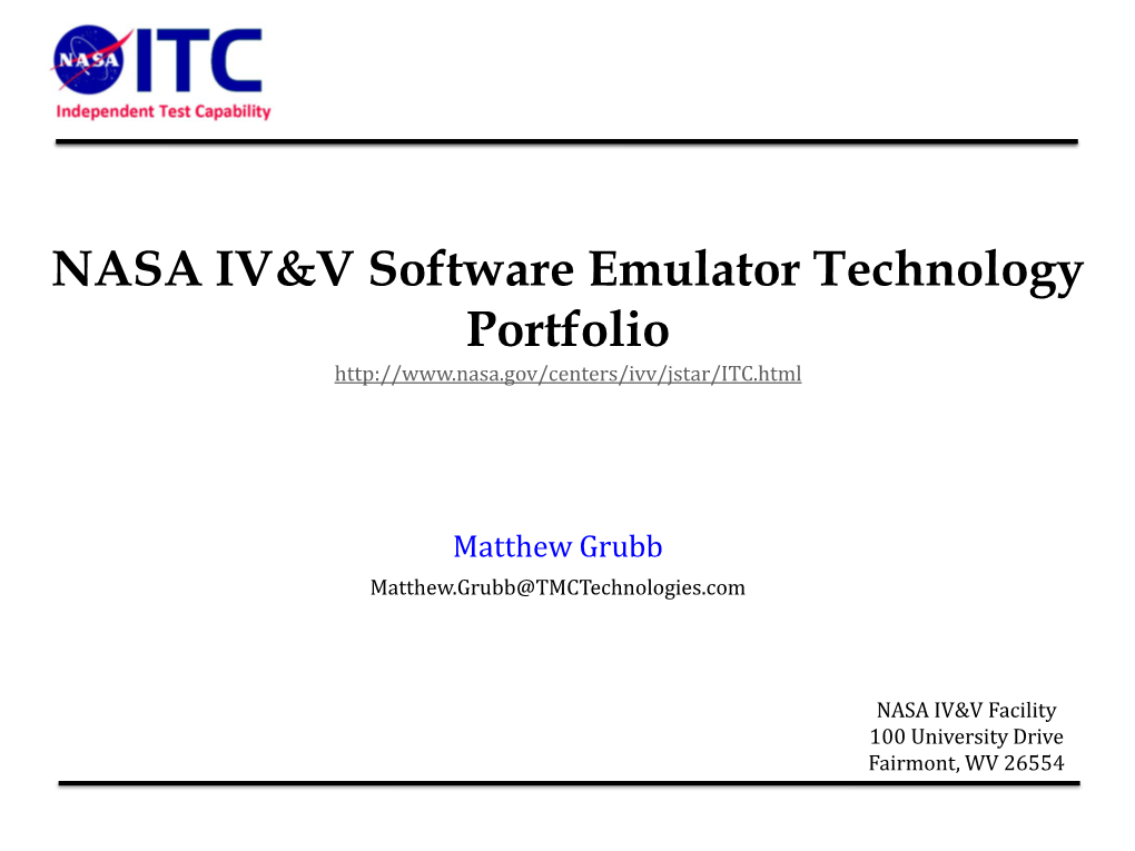 NASA IV&V Software Emulator Technology Portfolio