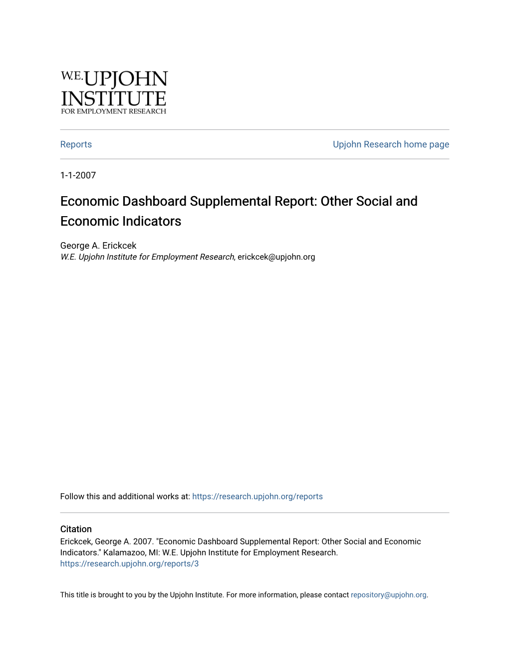 Economic Dashboard Supplemental Report: Other Social and Economic Indicators