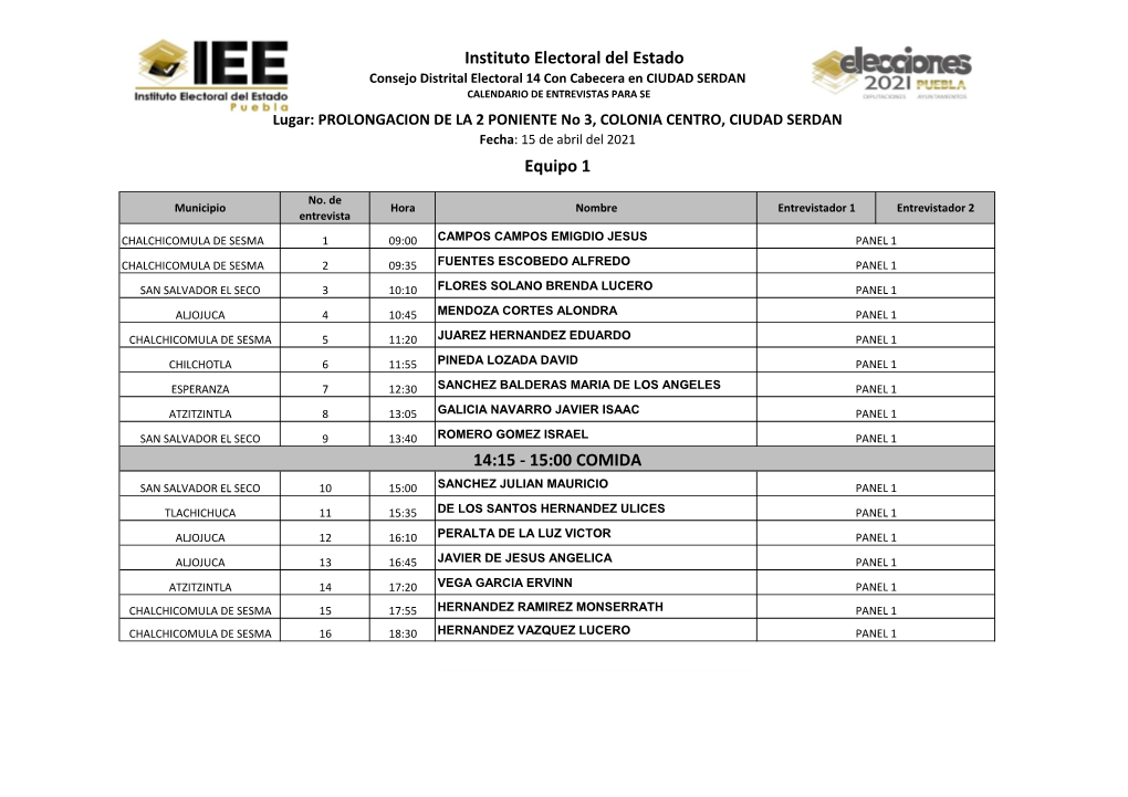 15:00 COMIDA Equipo 1 Instituto Electoral Del Estado