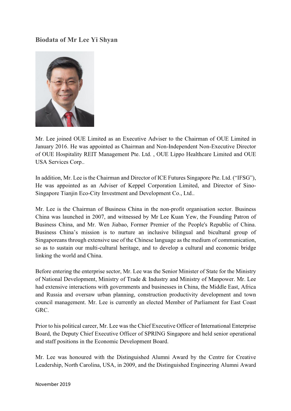 Mr Lee Yi Shyan Chairman Business